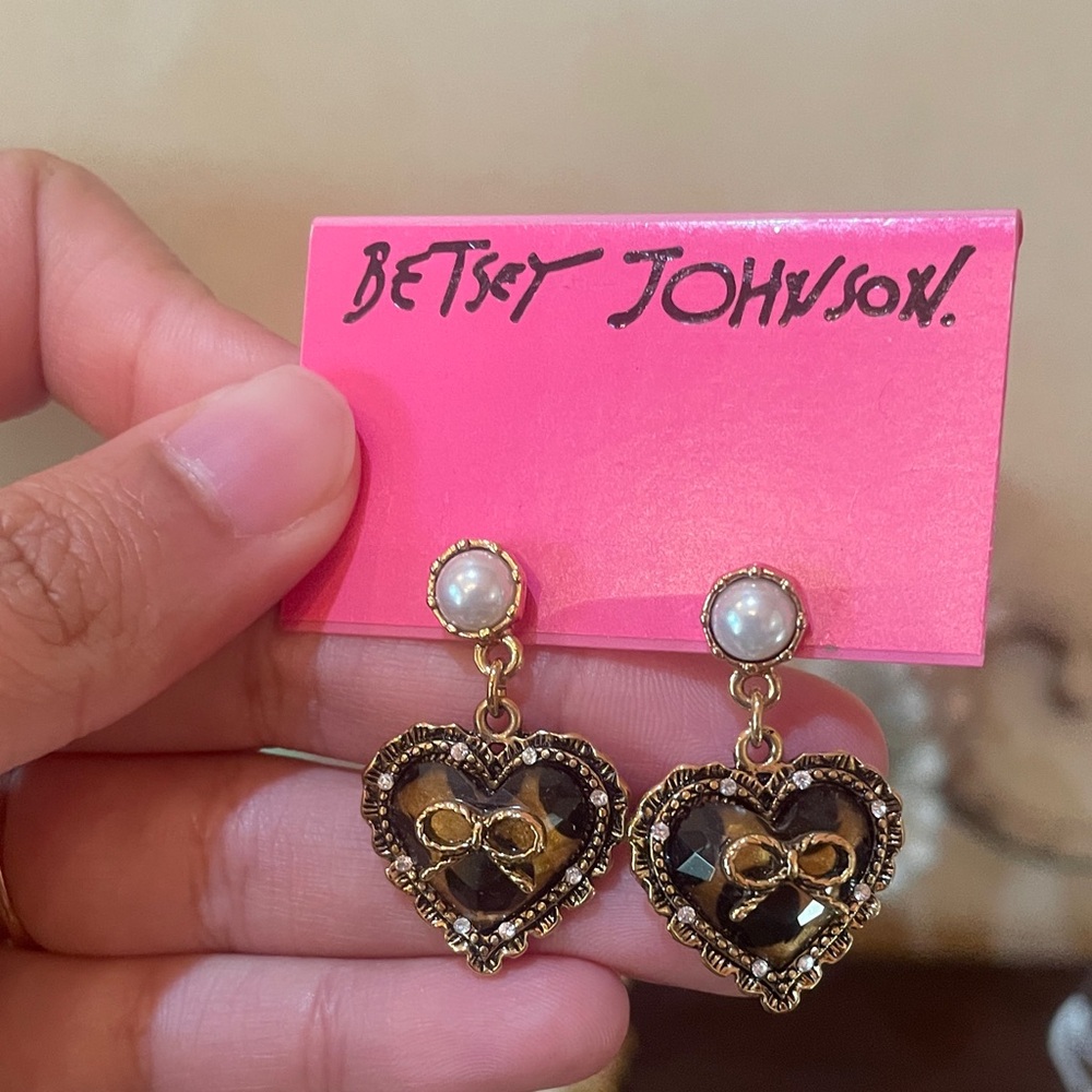 Betsey Johnson Black and Gold Heart Earrings